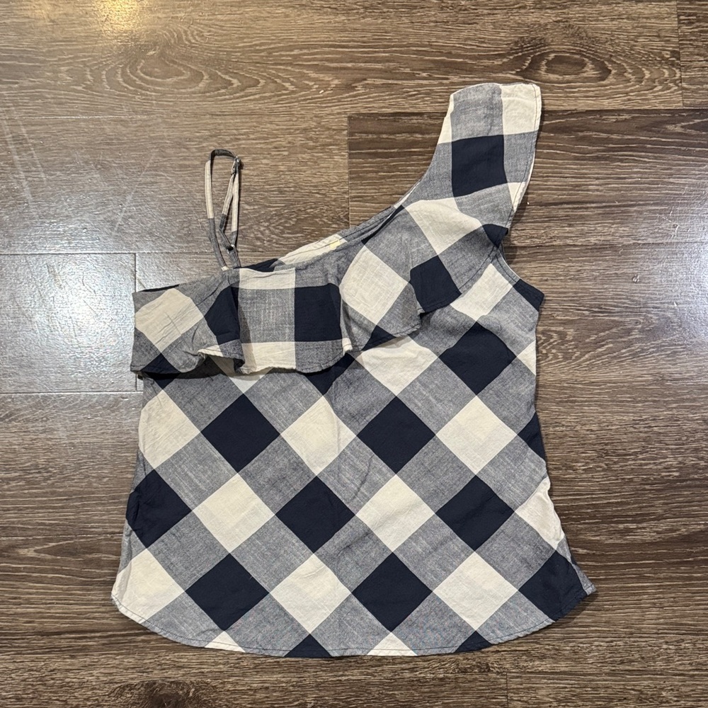 girl krazy One-Shoulder Ruffle Blue Plaid Sleeveless Top